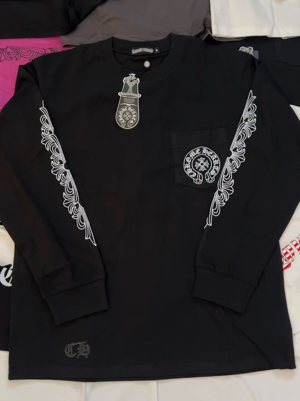 Chrome Hearts Black Long-Sleeve Pocket Tee with White Sleeve Graphics